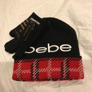 NWT BEBE 2 PC EMBROIDERED BEANIE & GLOVES BLACK AND RED